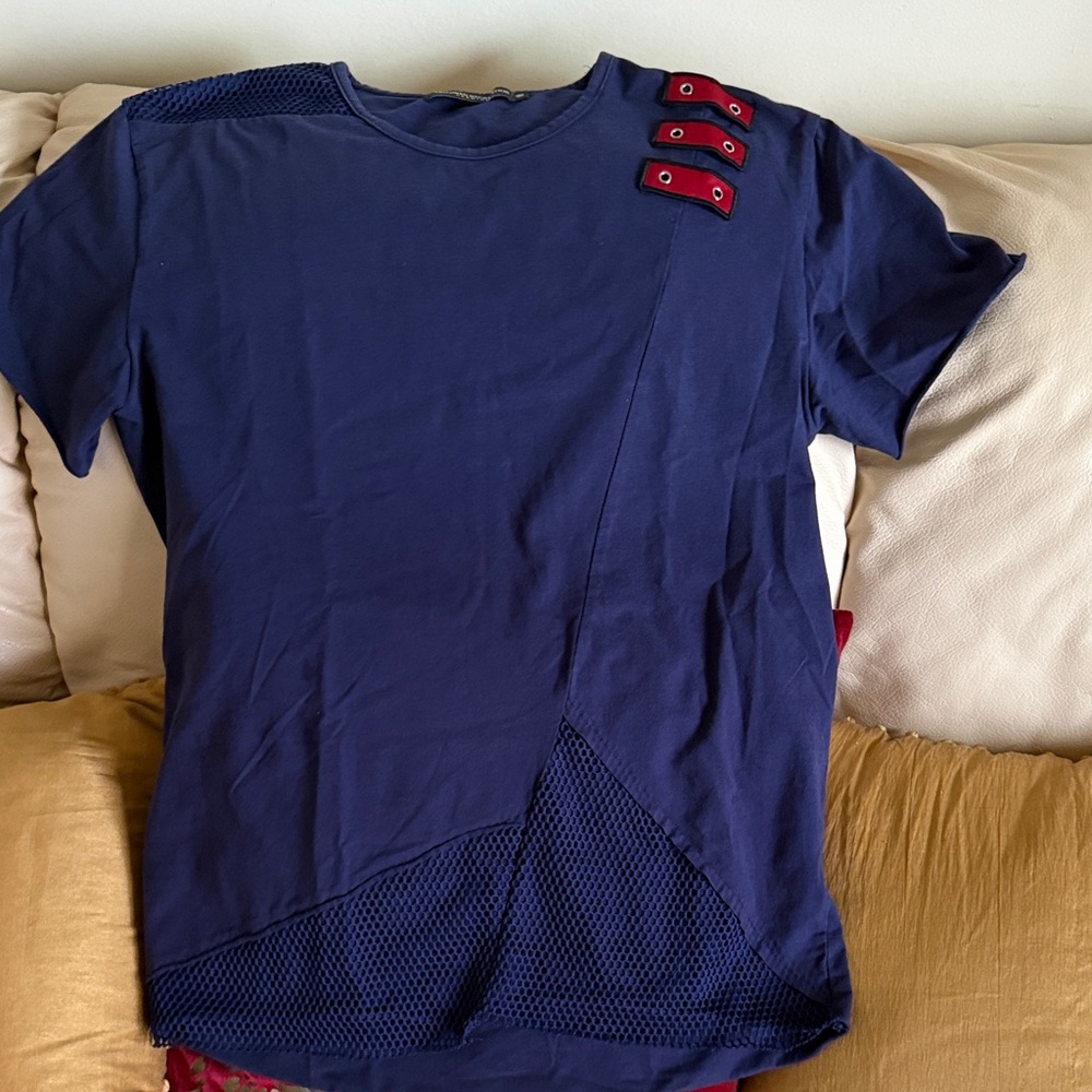 Navy Blue Short Sleeve Tee with Red Accents